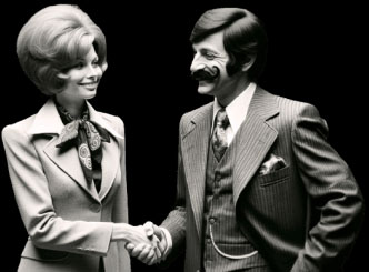 Black and white photograph of a woman and man dressed in 1950s-style business attire smiling and shaking hands.